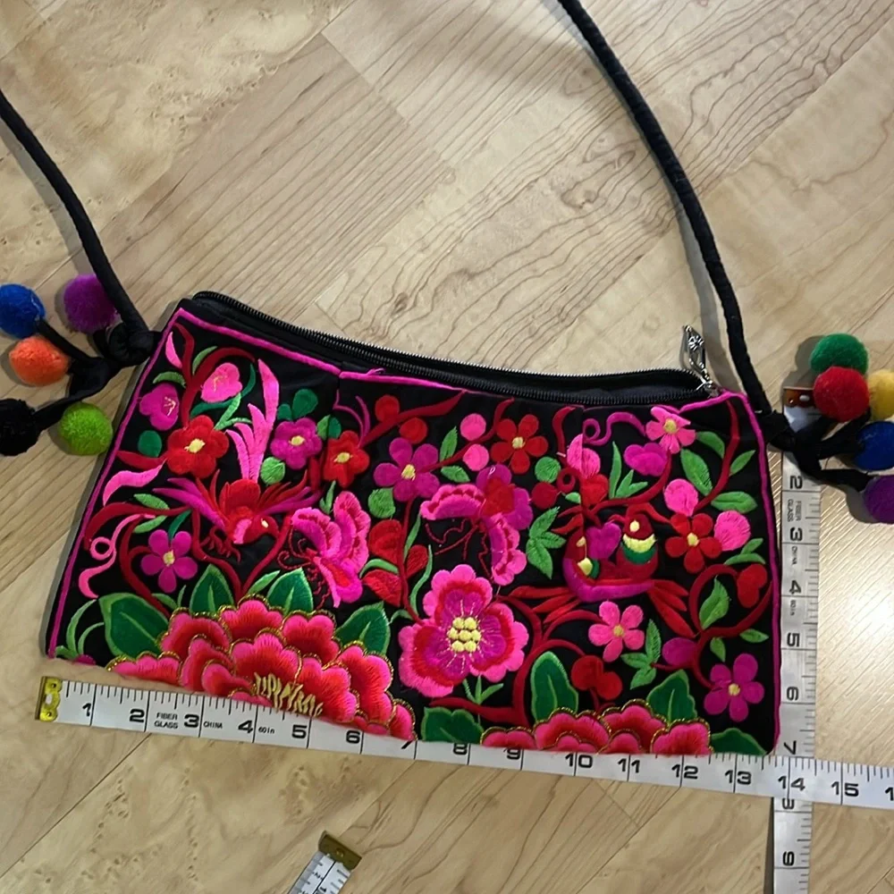 Colorful Embroidered Floral Boho Crossbody Shoulder Bag with Pom Poms